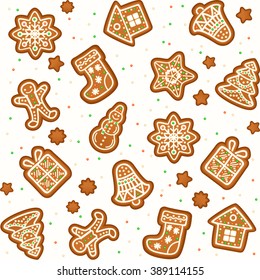 Seamless pattern with Gingerbread Christmas cookies decorated icing. Holiday cookie in shape of Christmas Xmas tree, star, bell, sock, gingerbread men, snowflake, snowman and gift. Vector illustration