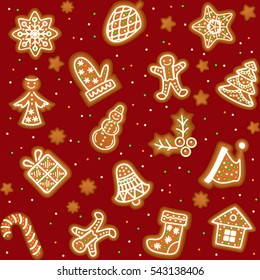 Seamless pattern with Gingerbread Christmas cookies decorated icing. Holiday cookie in shape of Christmas Xmas tree, star, bell, sock, gingerbread men, snowflake and gift. Vector illustration