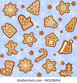 Seamless pattern with Gingerbread Christmas cookies decorated icing. Holiday cookie in shape of Christmas Xmas tree, star, bell, sock, gingerbread men, snowflake and gift. Vector illustration