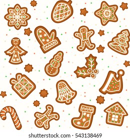 Seamless pattern with Gingerbread Christmas cookies decorated icing. Holiday cookie in shape of Christmas Xmas tree, star, bell, sock, gingerbread men, snowflake and gift. Vector illustration