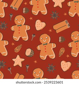 Padrão perfeito de pão de gengibre com especiarias de Natal. Ingredientes de Natal no fundo vermelho. 