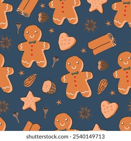 Padrão perfeito de pão de gengibre com especiarias de Natal. Ingredientes de Natal no fundo azul. 
