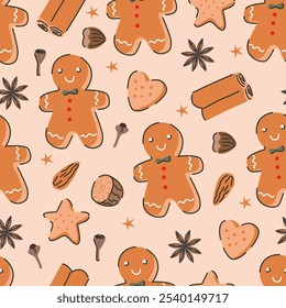 Seamless pattern of gingerbread with Christmas spices. Christmas ingredients on beige background. 