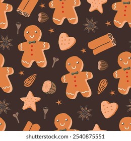 Seamless pattern of gingerbread with Christmas spices. Christmas ingredients on brown background. 