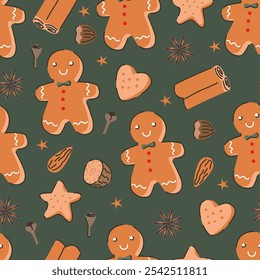 Nahtloses Muster aus Lebkuchen mit Weihnachtswürzen. Weihnachtszutaten auf braunem Hintergrund.