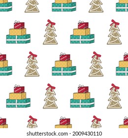 Patrón sin inconvenientes con el árbol de Navidad de pan de jengibre, regalo y palabras. Impresión festiva para feliz año nuevo y vacaciones de invierno, textiles, papel de embalaje y diseños