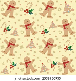 Seamless Pattern Gingerbread, christmas tree, snowflake, holly berry mistletoe with candy on yellow background. Design for wallpaper, wrapping paper, paper gift, pillowcase, napkins, book cover.Vector