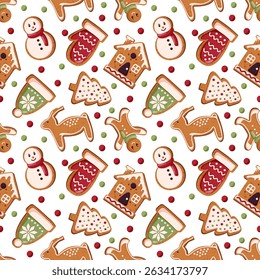 Seamless pattern with gingerbread cookie and candy in cartoon style. Perfect for Christmas Day and New Year packaging, banners, decorations.