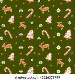 Seamless pattern with gingerbread cookie for Christmas Day and New Year. Holiday winter symbol in cartoon style. Festive treats. Winter homemade sweets. Vector illustration.