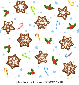 Patrón sin foco con galleta de pan de jengibre, caramelos y caramelos de fondo blanco. Fondo navideño de dibujos animados. Diseño plano. Iconos aislados.