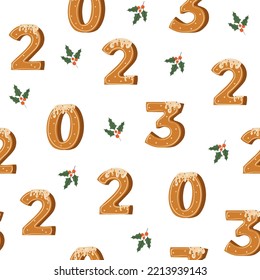 Seamless pattern of gingerbread cookie numerals on sticks with phrase 2023 in cartoon style.  Christmas pattern for surface design, wallpapers, fabrics, wrapping paper. Vector illustration.	