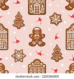 Seamless pattern with Gingerbread cookie on a pink background. Vector cartoon new year biscuit backdrop. Flat design.