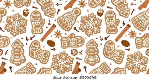 Seamless pattern with Gingerbread cookie and spices. Traditional snowflake, Christmas tree, mittens, sock baking, cinnamon, nutmeg, clove. Repeated background for textile, wrapping paper, wallpaper