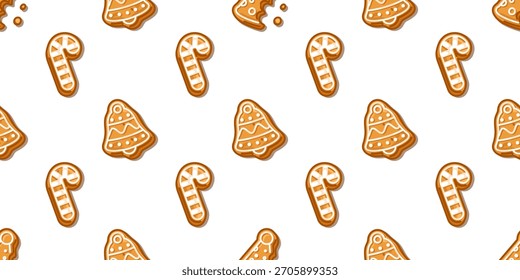 Patrón sin fisuras con galletas de jengibre en campana, bastón de caramelo, y Formas de sombrero mordido, diseño festivo y divertido