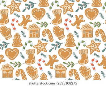 Padrão perfeito com biscoitos de gengibre, doces e ramos verdes. Fundo de Natal vetorial	