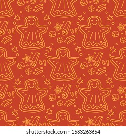 Seamless pattern with gingerbread cookies. Christmas vector illustration. Design element for fabric, banner, wrapping paper, wallpaper.