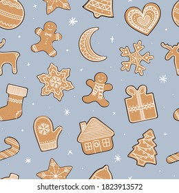 Seamless pattern with gingerbread cookies. Christmas ornament for winter holidays. Gingerbread man and woman, Christmas tree, present, stars, bell, ball, house, heart. Hand drawn vector illustration.