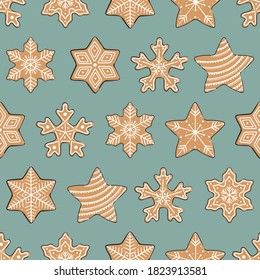 Seamless pattern with gingerbread cookies. Christmas ornament for winter holidays. Gingerbread stars. Ideal for wallpaper, textile, backdrop, wrapping paper. Hand drawn vector illustration.
