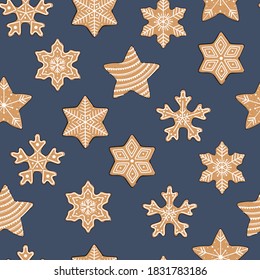 Seamless pattern with gingerbread cookies. Christmas ornament for winter holidays. Gingerbread stars. Ideal for wallpaper, textile, backdrop, wrapping paper. Hand drawn vector illustration.
