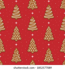 Seamless pattern with gingerbread cookies with Christmas trees. Cute Christmas background. Realistic gingerbread cookies Christmas trees with different designs. Red background. Vector illustration.