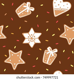 Seamless pattern of gingerbread cookies with color glaze. Winter holiday vector background. design for banner, poster, flyer, card, postcard, cover, brochure.