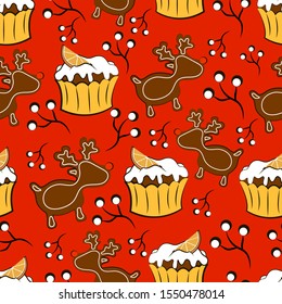 Seamless pattern with gingerbread cookies and cupcakes. New Year treats pattern. Repeating christmas red background. Gingerbread in the form of a deer and cupcakes with orange on a red background.