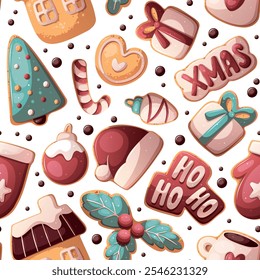 Seamless pattern with gingerbread cookies in the form of Santa hat, mitten, candy cane, Christmas balls, cup, gift, house, Christmas tree. Christmas and New Year greeting. Vector illustration.