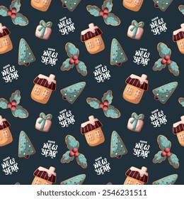 Seamless pattern with gingerbread cookies in the form of Christmas tree, gift, house, holly leaves and berries. Christmas and New Year greeting. Vector illustration.
