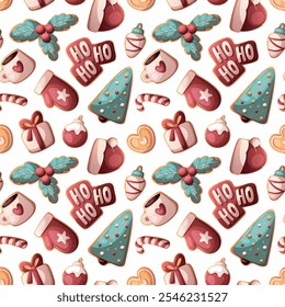 Seamless pattern with gingerbread cookies in the form of Santa hat, mitten, candy cane, Christmas balls, cup, gift, holly, Christmas tree. Christmas and New Year greeting. Vector illustration.