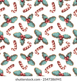 Seamless pattern with gingerbread cookies in the form of candy cane and holly. Christmas and New Year greeting. Vector illustration.
