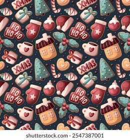 Seamless pattern with gingerbread cookies in the form of Santa hat, mitten, candy cane, Christmas balls, cup, gift, house, Christmas tree. Christmas and New Year greeting. Vector illustration.