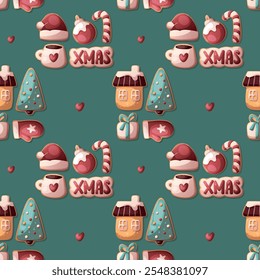 Seamless pattern with gingerbread cookies in the form of Santa hat, mitten, candy cane, Christmas ball, cup, gift, house, Christmas tree. Christmas and New Year greeting. Vector illustration.