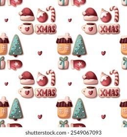 Seamless pattern with gingerbread cookies in the form of Santa hat, mitten, candy cane, Christmas ball, cup, gift, house, Christmas tree. Christmas and New Year greeting. Vector illustration.