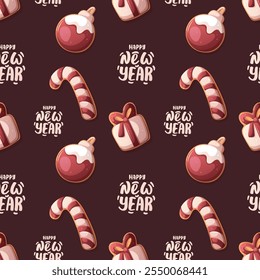 Seamless pattern with gingerbread cookies in the form of gift, candy cane, Christmas ball. Christmas and New Year greeting. Vector illustration.