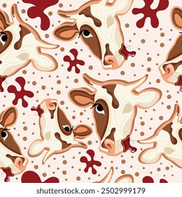 seamless pattern with gingerbread cookies for Halloween with sugar frosting and cow design, where half of the head is made as a skeleton with red syrup in the middle, vector