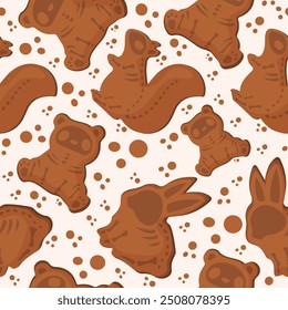 seamless pattern with gingerbread cookies for Halloween with a squirrel skeleton design and round crumbs placed randomly, vector