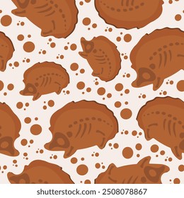 patrón transparente con galletas de jengibre para Halloween con un diseño de esqueleto de erizo y migas redondas dispuestas al azar, Vector