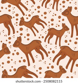 seamless pattern with gingerbread cookies for Halloween with deer skeleton design and round crumbs arranged randomly, vector