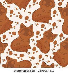 seamless pattern with gingerbread cookies for Halloween with a fox skeleton design and round crumbs arranged randomly, vector