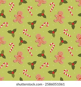 Seamless pattern with gingerbread cookies, holly berries and candy canes on a light green background.	