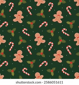 Seamless pattern with gingerbread cookies, holly berries and candy canes on a dark green background.	
