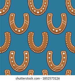 Seamless pattern with gingerbread cookies horseshoes. Cute Christmas background. Realistic gingerbread cookies horseshoe with different designs.Blue background. Vector illustration.