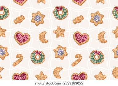 Patrón sin fisuras de galletas de jengibre con glaseado. Ilustración vectorial dibujada a mano. Diseño para Navidades y Fondo de pantalla de panadería de Nuevo año o hecho en casa, textil, telón de fondo, papel de regalo.