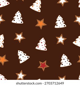 Patrón sin fisuras de galletas de jengibre con glaseado sobre un fondo de chocolate, patrón de Navidades con galletas en forma de estrellas y árboles, patrón festivo sin fisuras con dulces para envolver papel