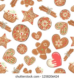 Seamless pattern with gingerbread cookies on white background. Christmas background. Vector illustration