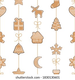 Seamless pattern with gingerbread cookies on a string. Christmas ornament for winter holidays. Gingerbread man, Christmas tree, present, stars, deer, socks, heart. Hand drawn vector illustration.