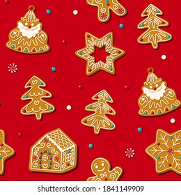 Seamless pattern with gingerbread cookies on red background. Silhouette of Santa Claus, star and christmas tree. Vector illustration