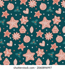 Patrón sin inconvenientes con galletas de pan de jengibre sobre fondo verde oscuro. adorable adorno navideño. Ilustración con la mano plana del vector.