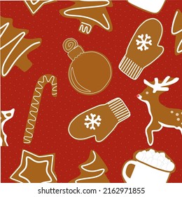 seamless pattern with gingerbread cookies on red background. Christmas elements texture for wrapping, fabric, wallpaper, greeting card 