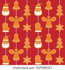Seamless pattern with gingerbread cookies on a string. Christmas ornament for winter holidays. Gingerbread Santa, Christmas tree, snowflake, angel, mitten, bell. Vector illustration
